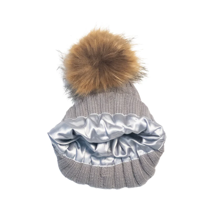 Dreamee Curls Satin Lined Hat With Removable Pom Pom Grey - Image 2