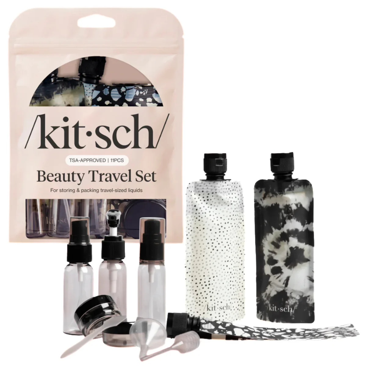 Kitsch Black & Ivory Travel Bottles for Toiletries 11pc Set